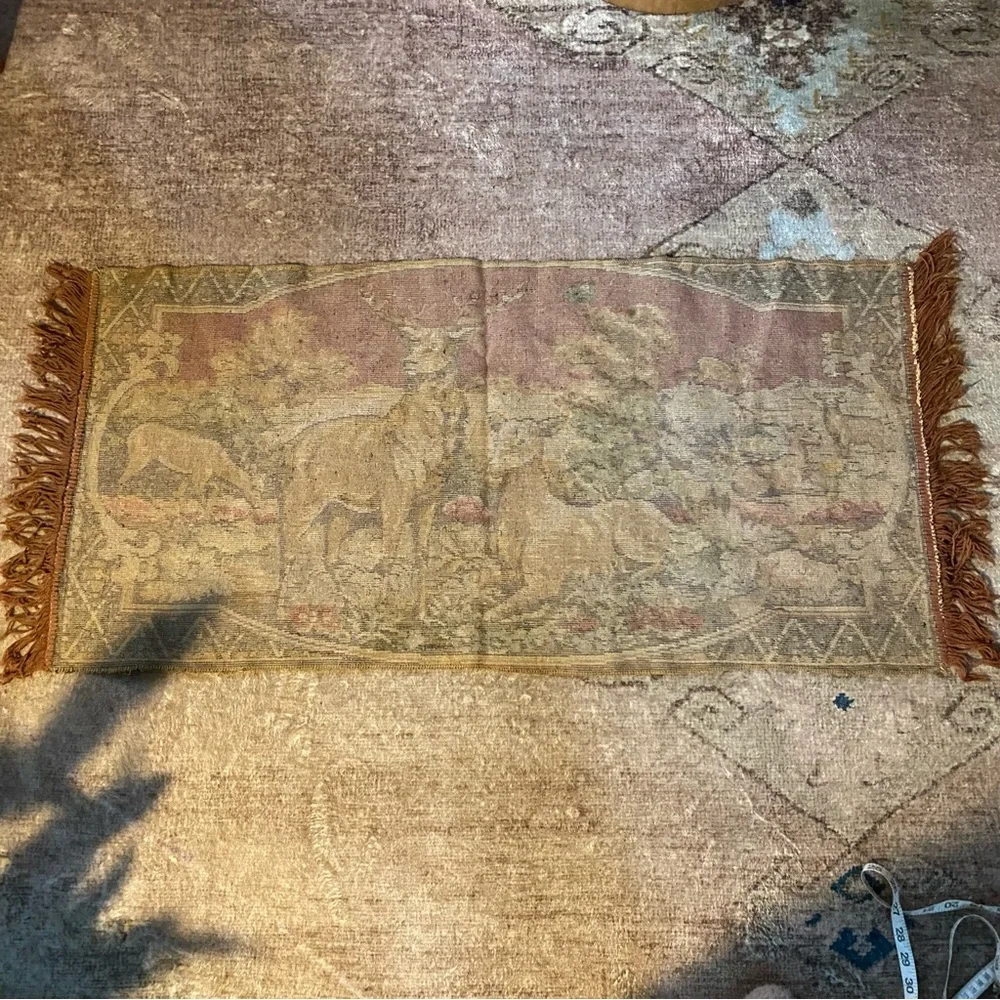Deer and stag velvet tapestry - wall hanging - rug plush - red fringe - vintage